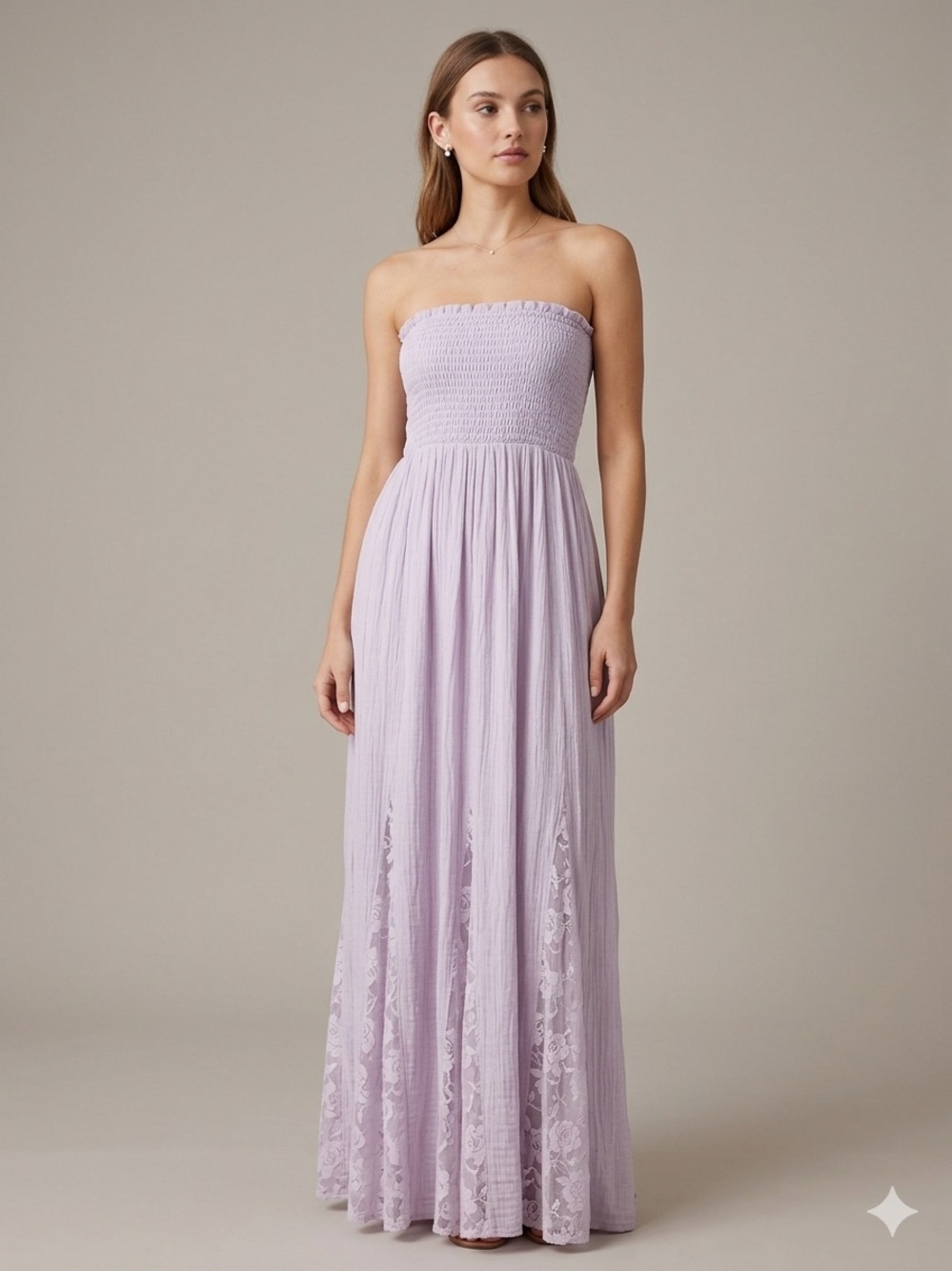 VENUS Strapless Lavender Maxi Dress with Smocked Bodice Lace bottom size small